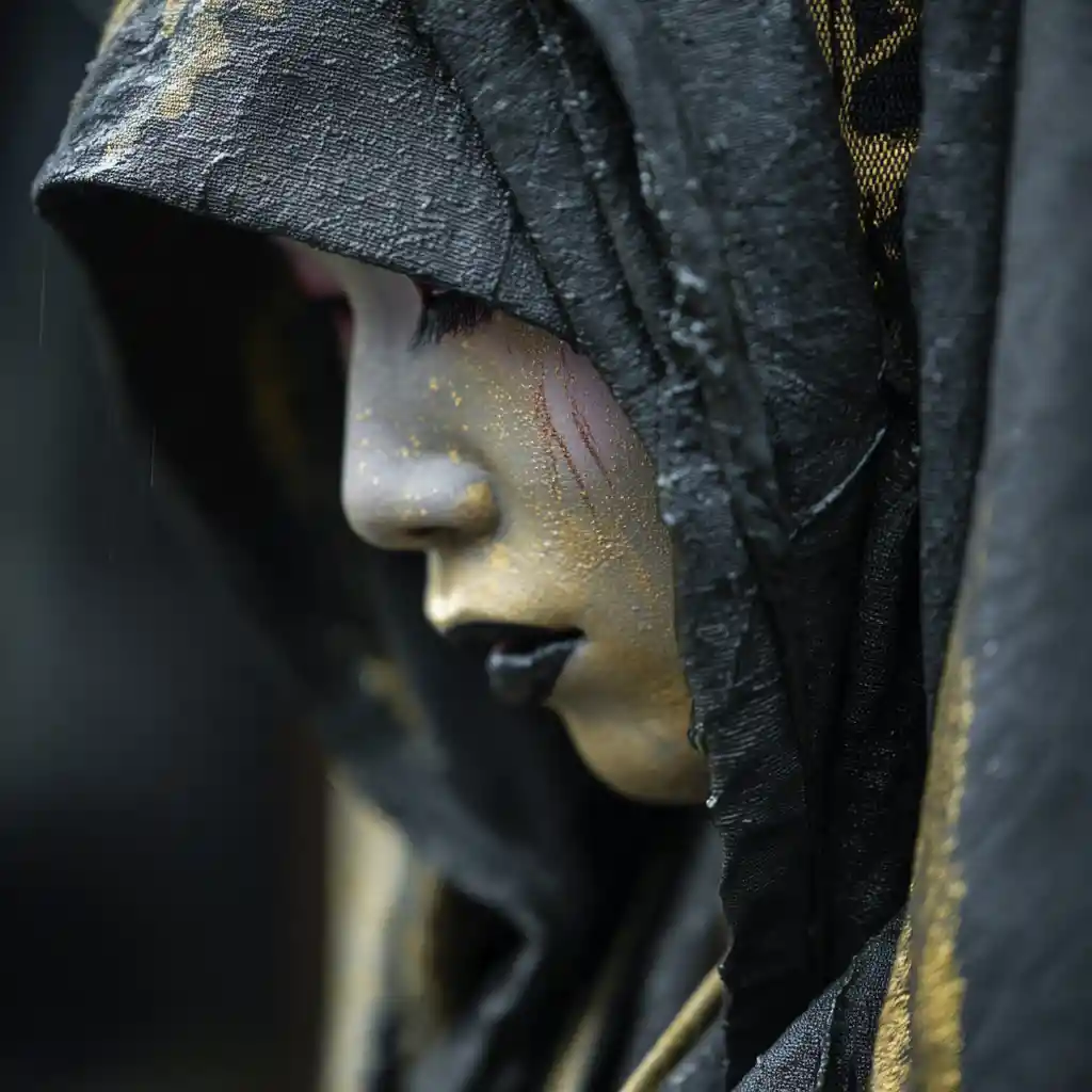 Geisha velada na chuva em rua de cidade neon