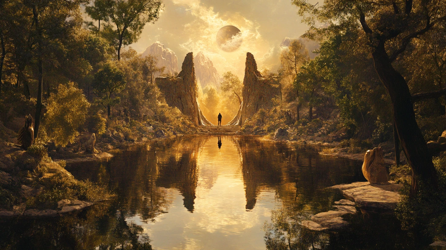 Surreal vision of life choices in a symbolic inner landscape