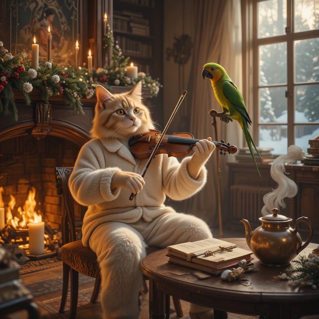 Gato Tocando Violino na Lareira com Papagaio Maestro