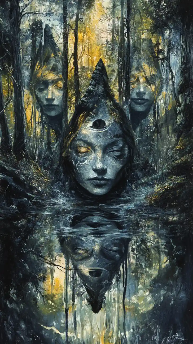 Sorcière surréaliste dans une forêt mystique aux reflets infinis