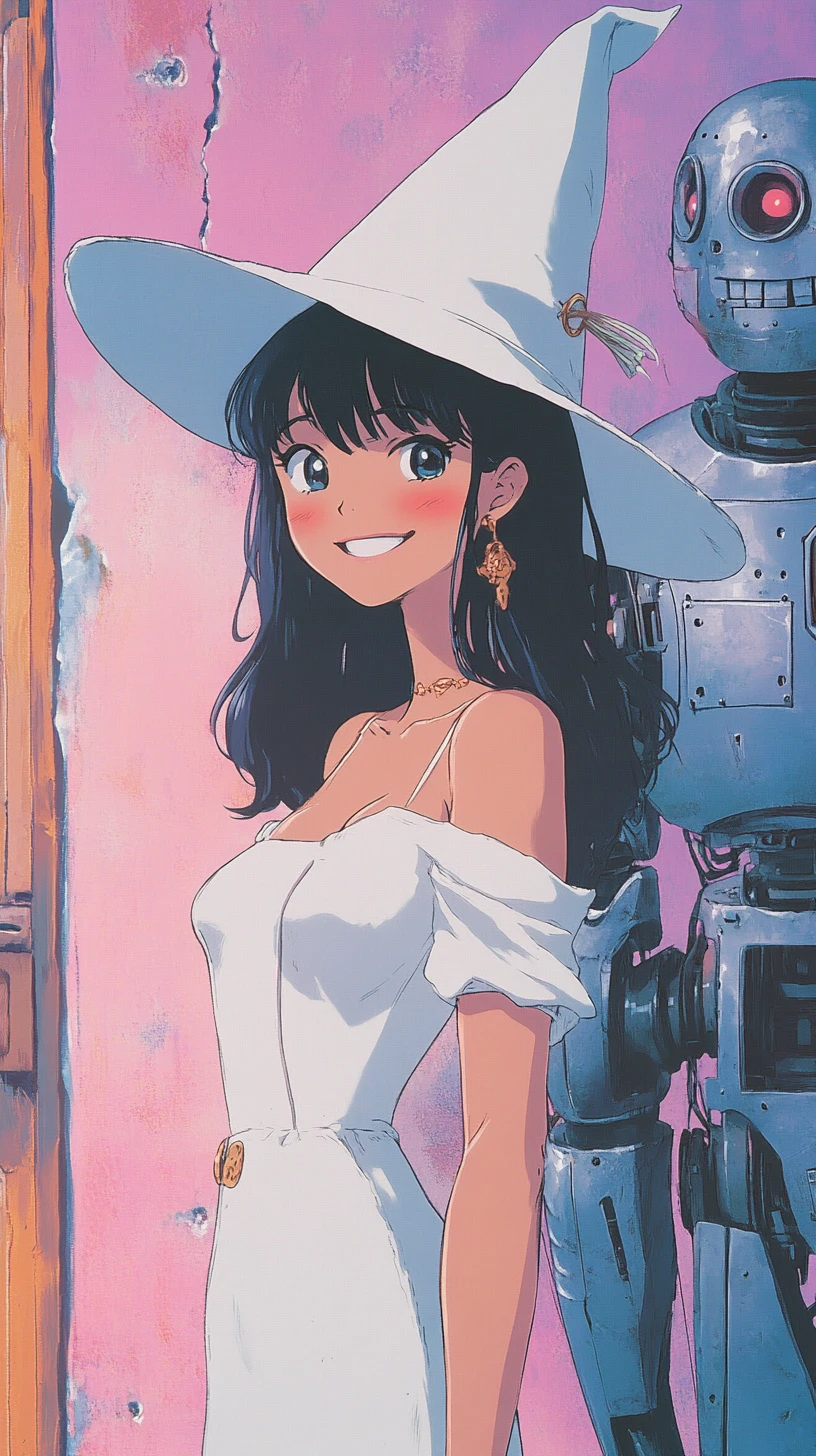 Retro cartoon witch girl with robot and smiling ion
