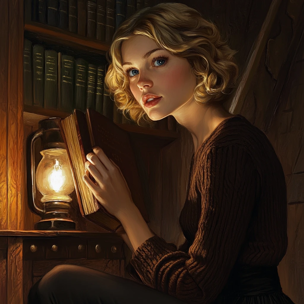 Mulher escolhendo um livro sob a luz quente de um abajur na biblioteca