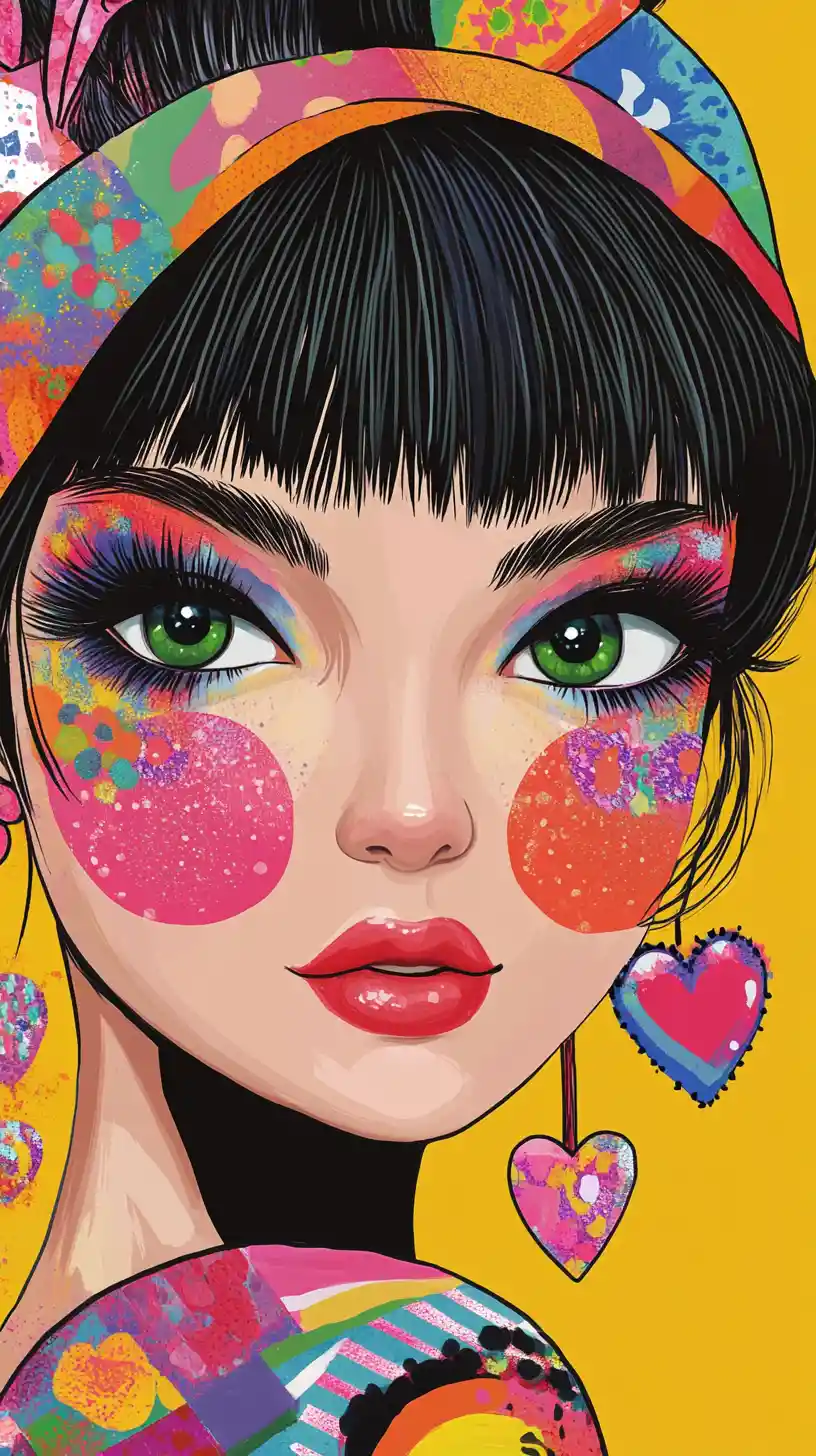 Ritratto pop art colorato di ragazza con grandi occhi verdi