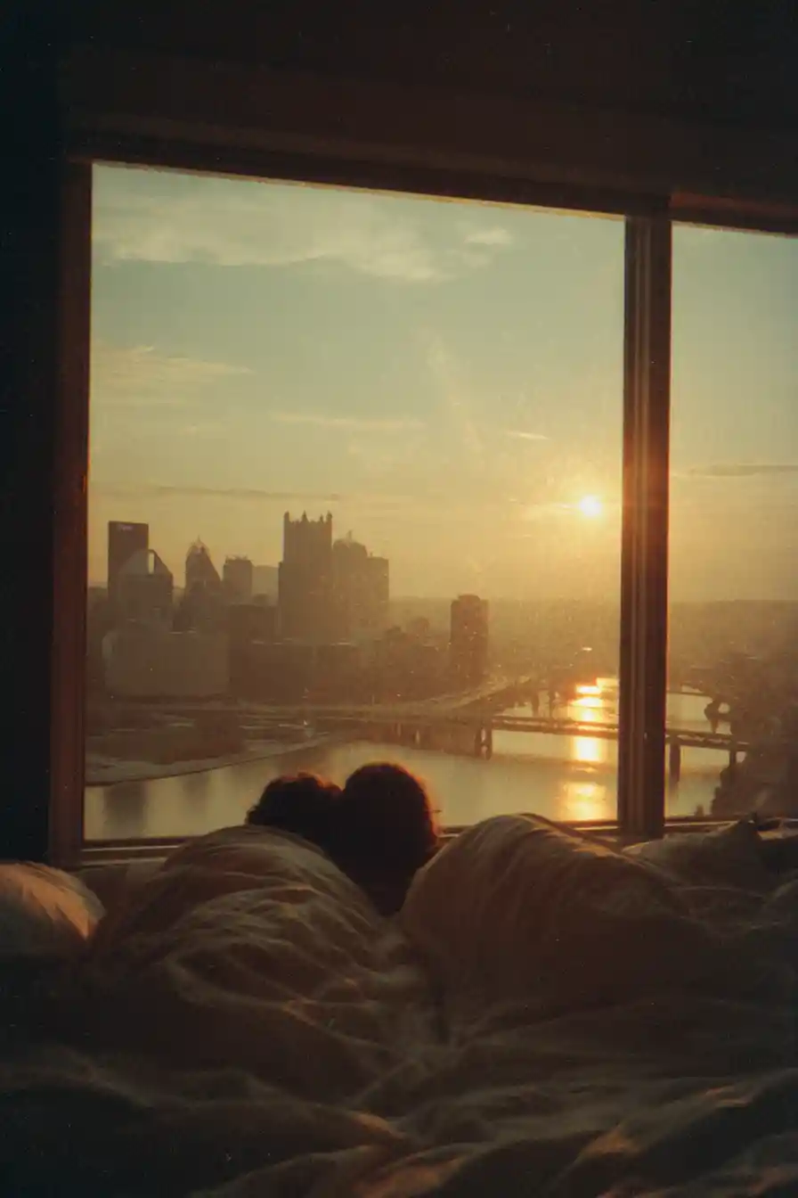 Coppia che si rilassa a letto con vista sulla città al tramonto