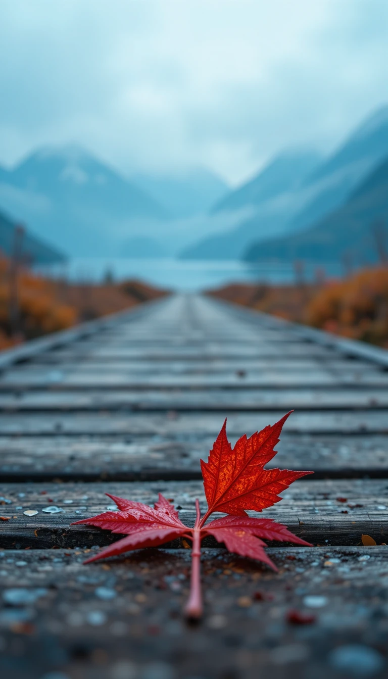Red maple leaf on a wooden boardwalk in soft focus