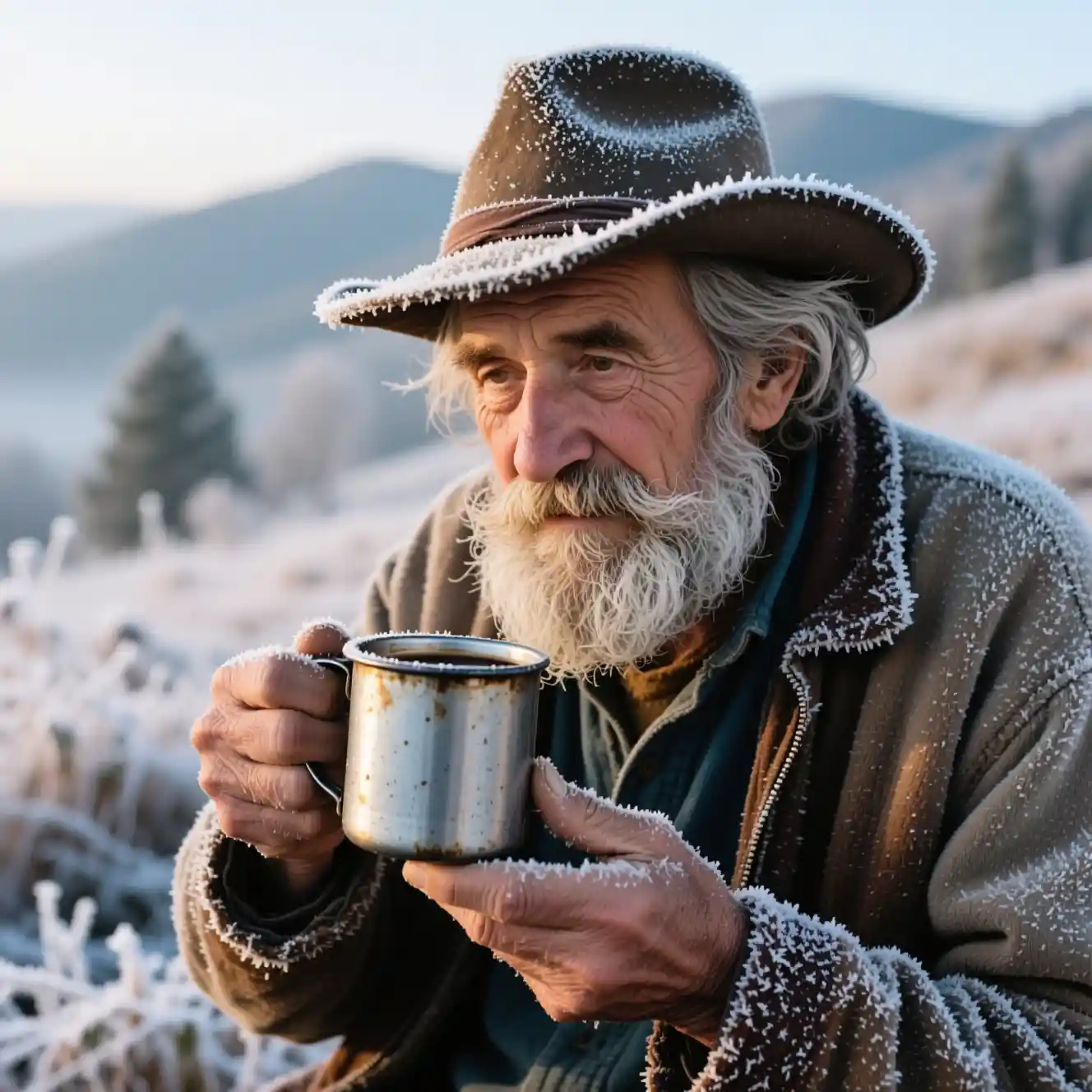 Alter Mann trinkt Kaffee aus Metallbecher an einem frostigen Morgen