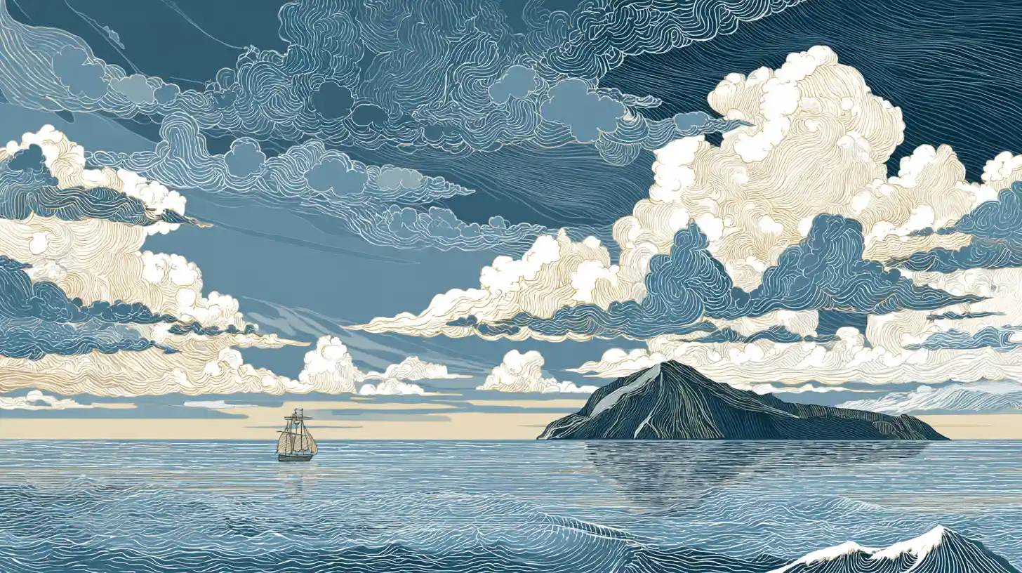 Scène océanique avec île et navire inspirée de l'Ukiyo-e