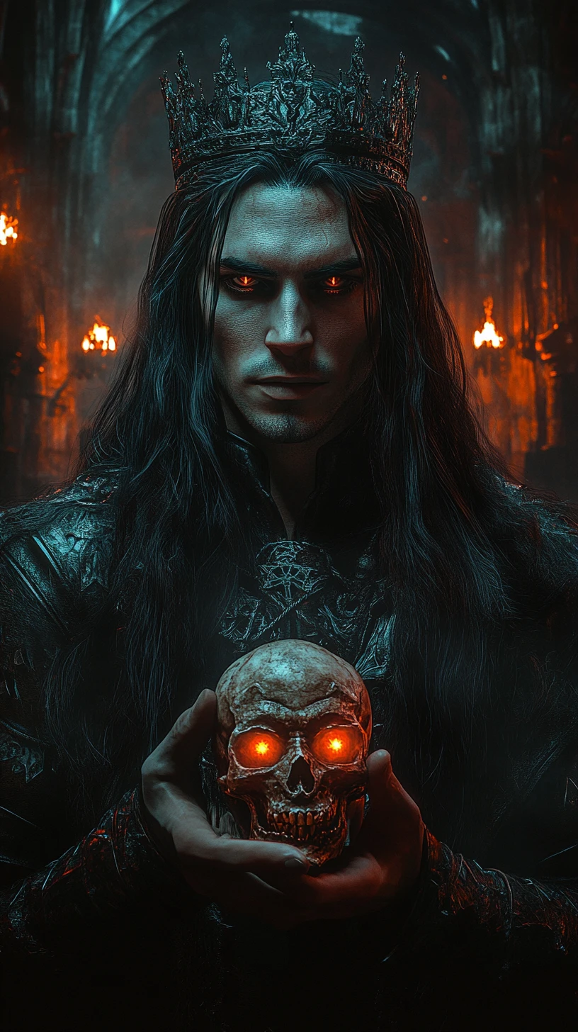 Dark prince holding skull in a gothic castle hall