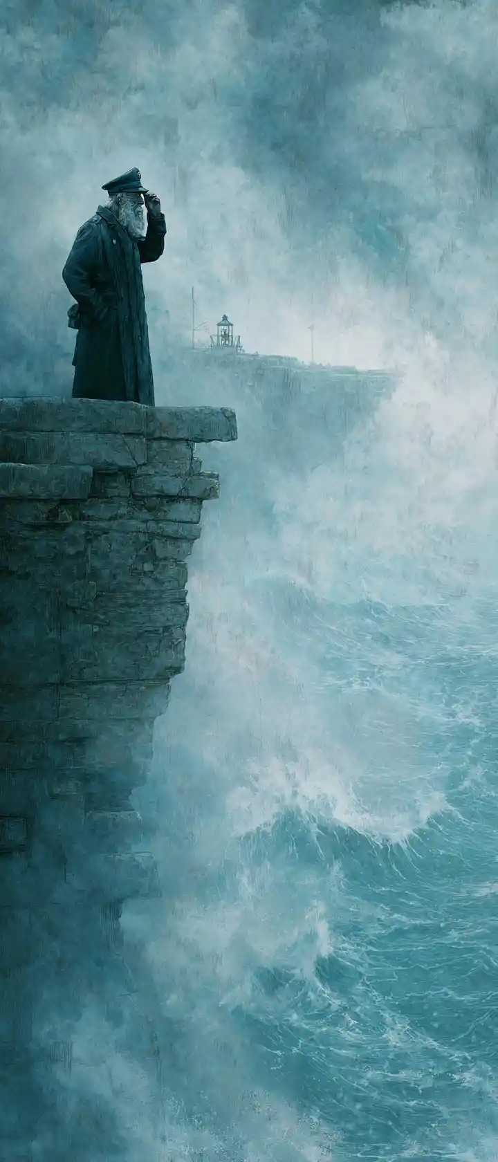 Elderly lighthouse keeper with lantern on stormy sea cliff