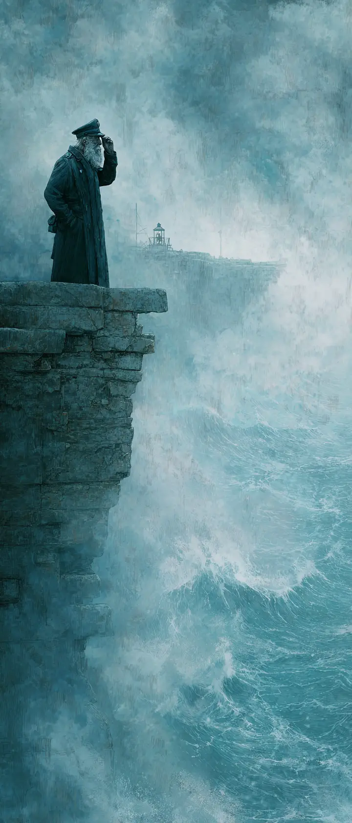 暴風雨海崖上提燈的年長燈塔守護人