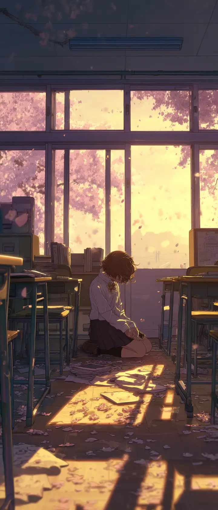 空っぽの教室で別れを告げるアニメ風女子高生