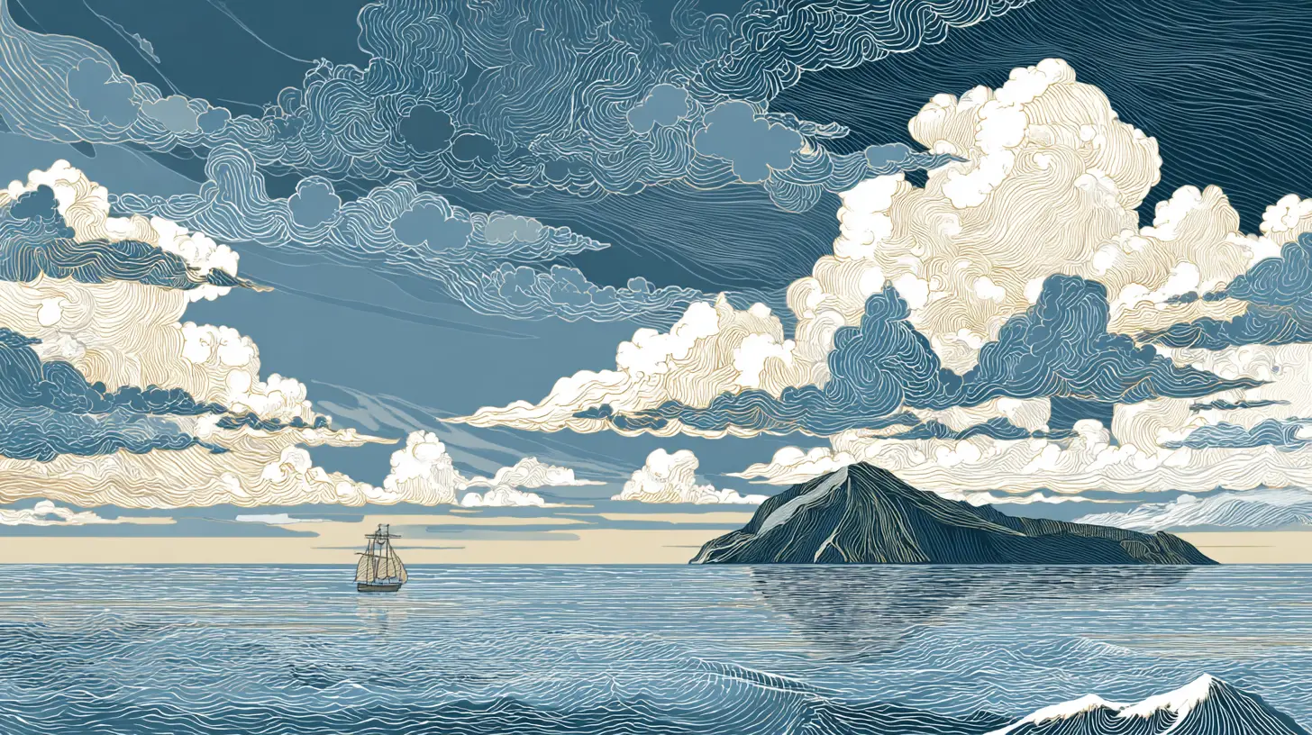 Scène océanique avec île et navire inspirée de l'Ukiyo-e