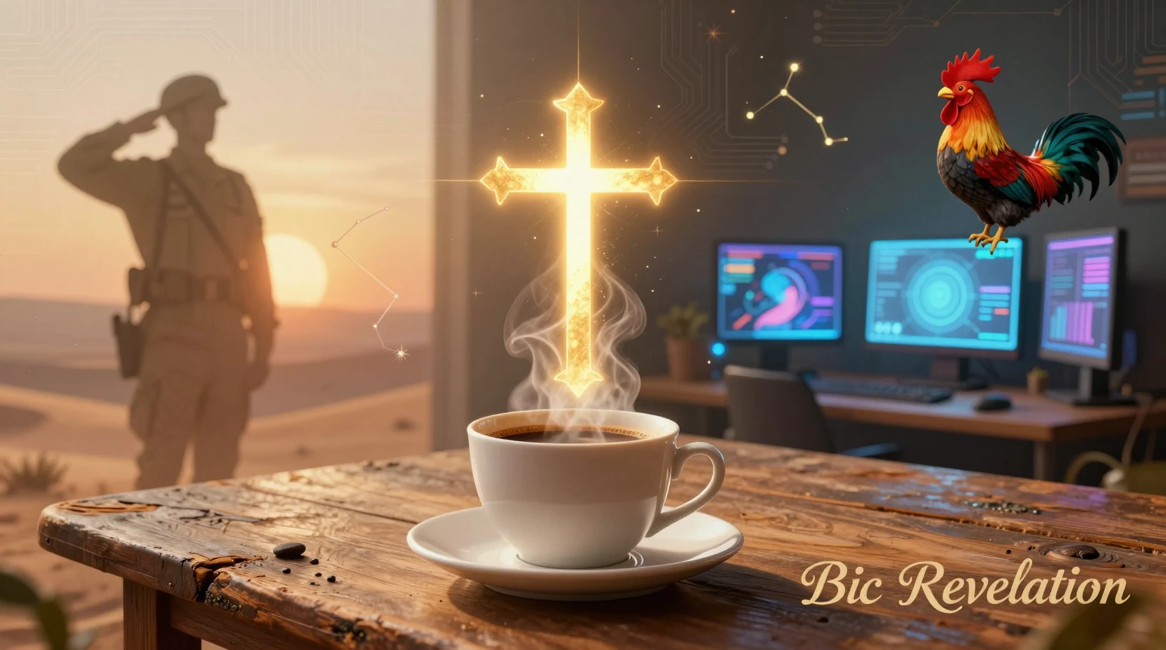 Cruz dourada brilhante surgindo de uma xícara de café fumegante
