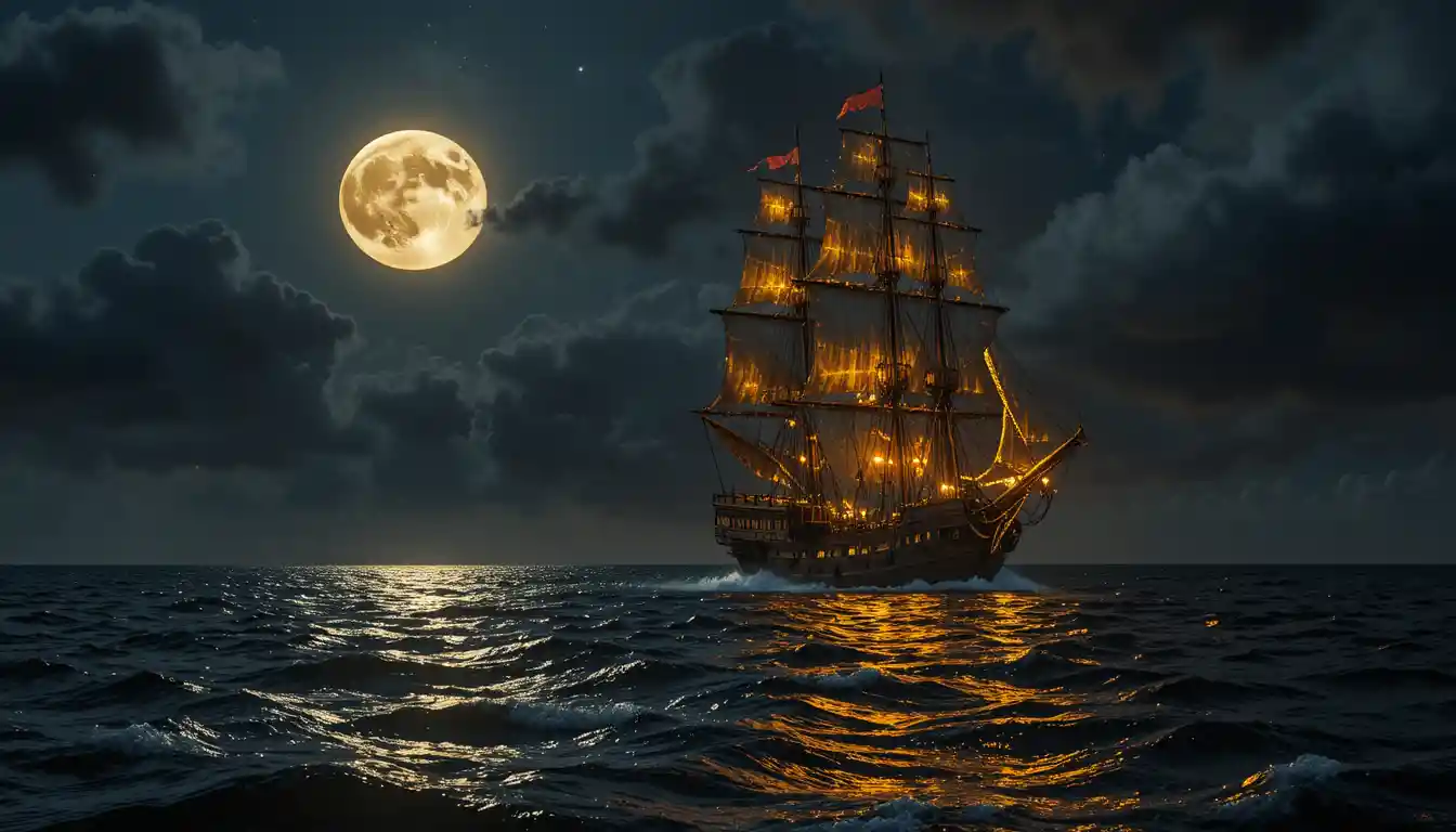 Galleon Sailing The High Seas Under A Luminous Full Moon