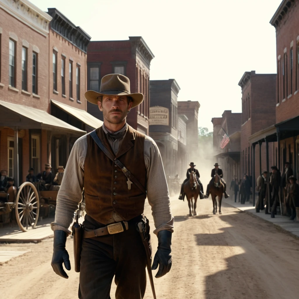 First person view of a sheriff on a dusty town street