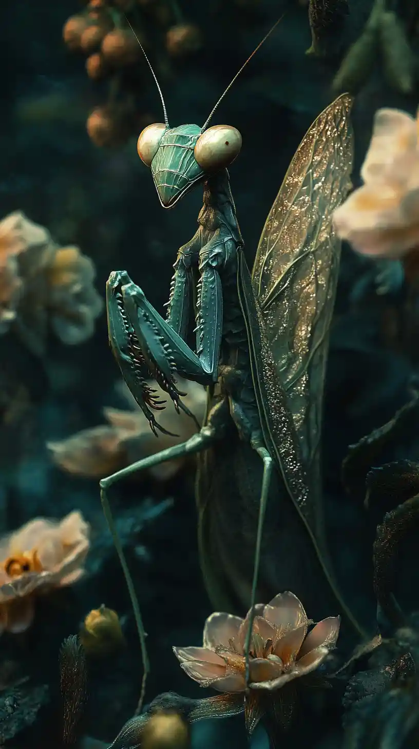 Surreal mantis illusion in dark fantasy flower scene