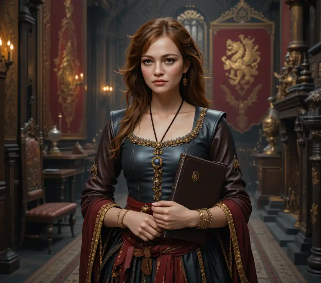 Medieval woman walking through a dark gothic palace hall