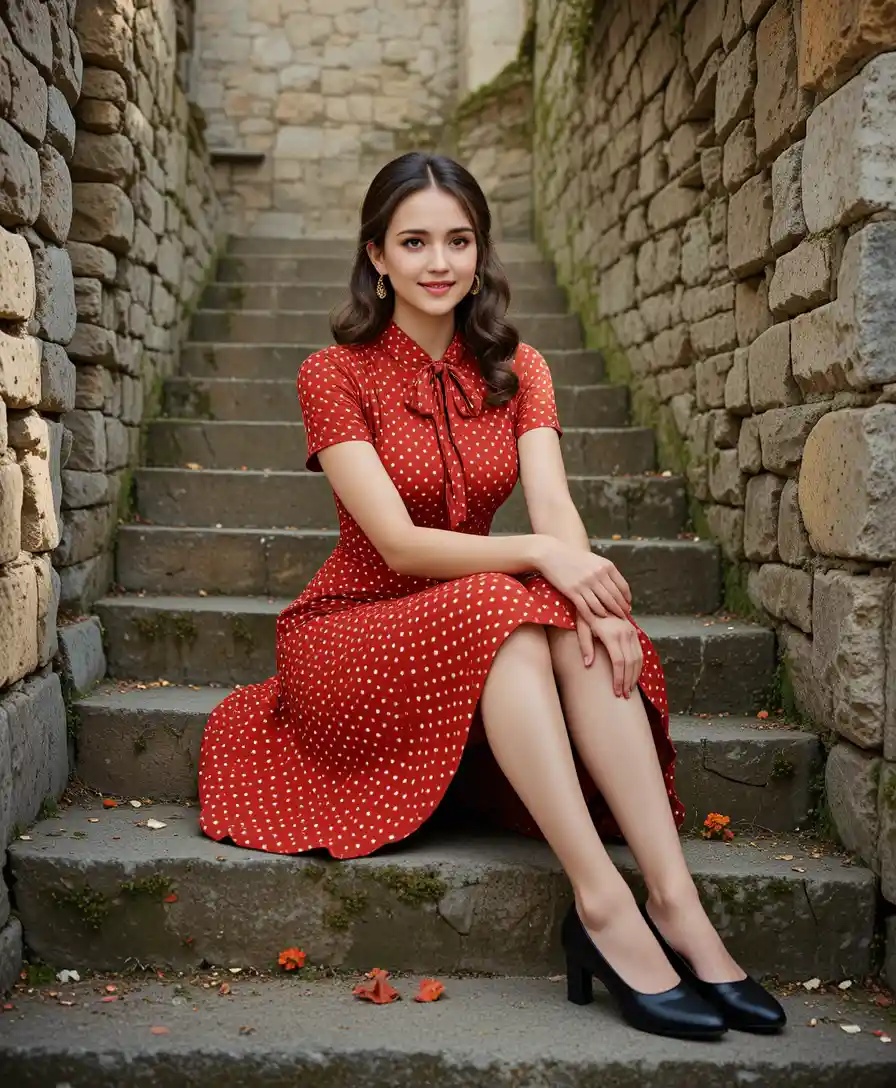 Elegant woman in red dress on mossy stone steps