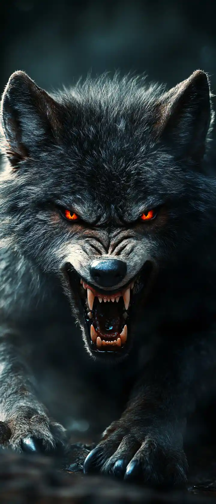 Filhote de lobo prateado zangado encarando sob o brilho da lua