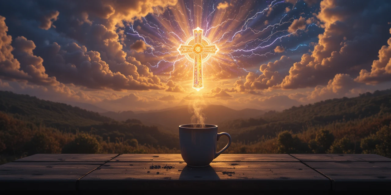 Tazza di caffè fumante con vista su un cielo cosmico mistico