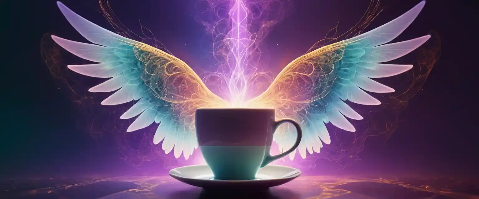 Tasse de café fumante se transformant en ailes angéliques