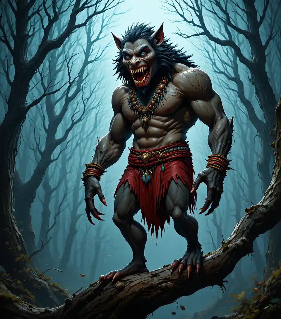 Ferocious werewolf on a branch in a misty dark forest