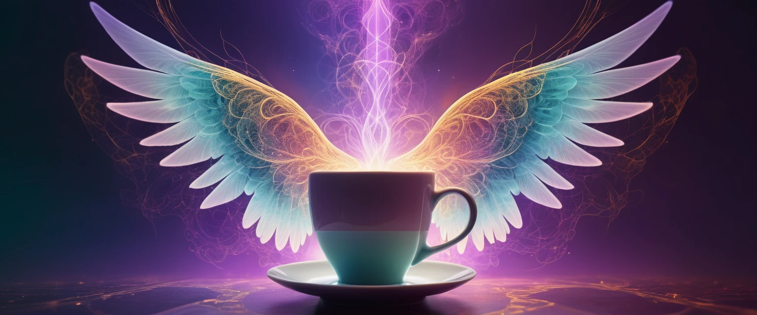 Tasse de café fumante se transformant en ailes angéliques