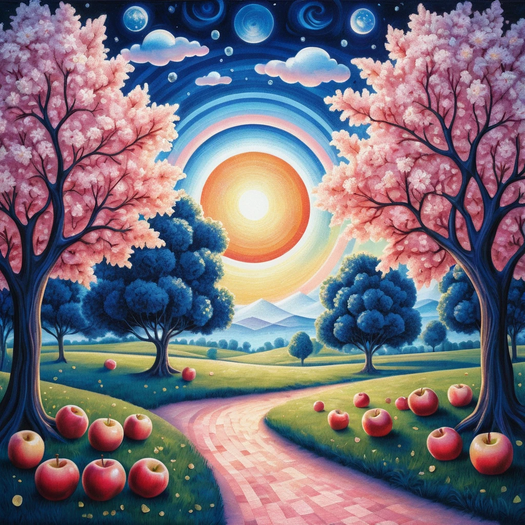 Surreal summer field of apple trees in shimmering colors