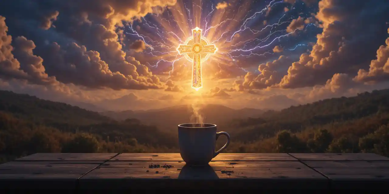 Dampfende Kaffeetasse mit Blick auf einen mystischen kosmischen Himmel