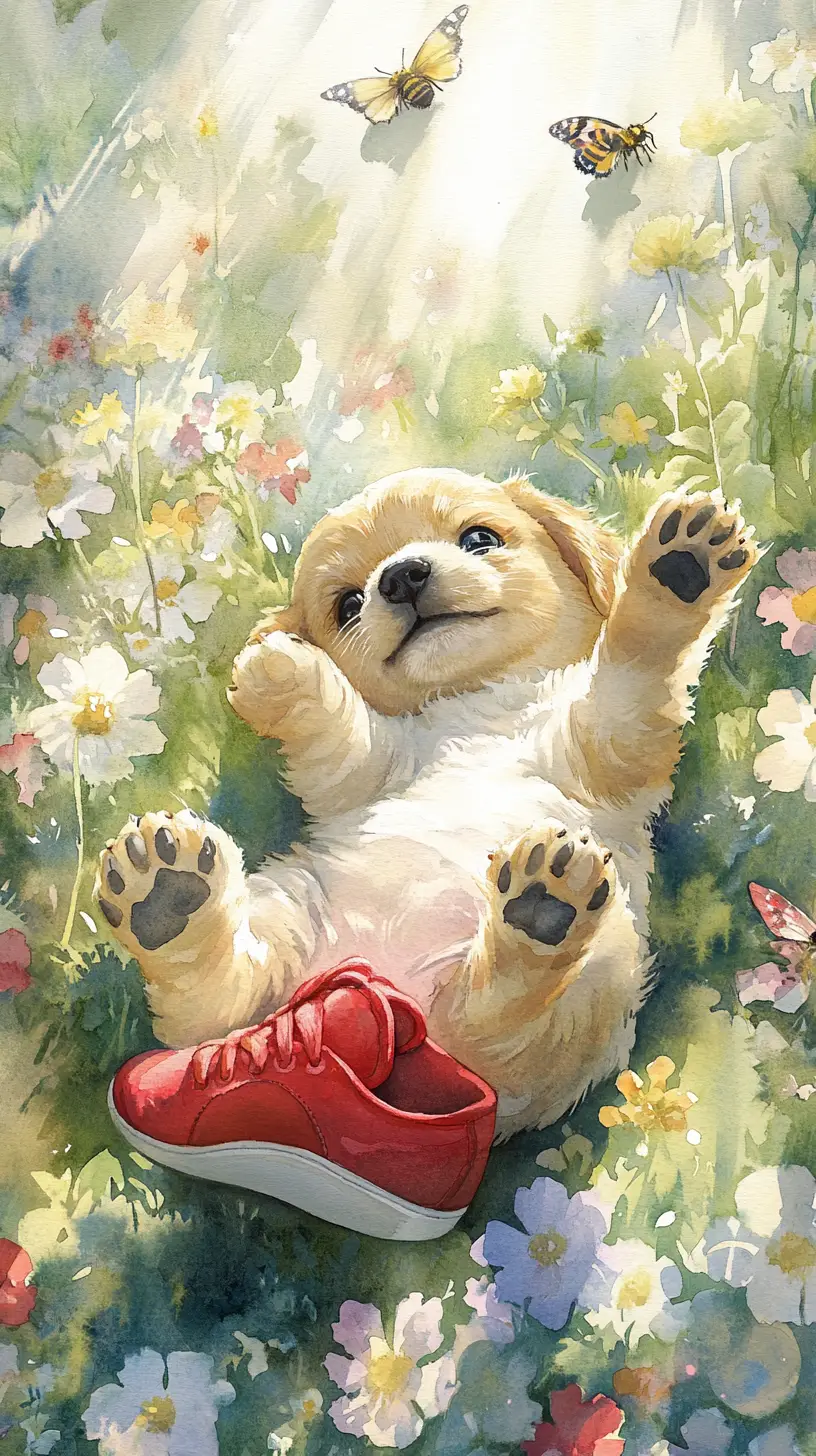 花畑で赤いスニーカーと遊ぶかわいい子犬