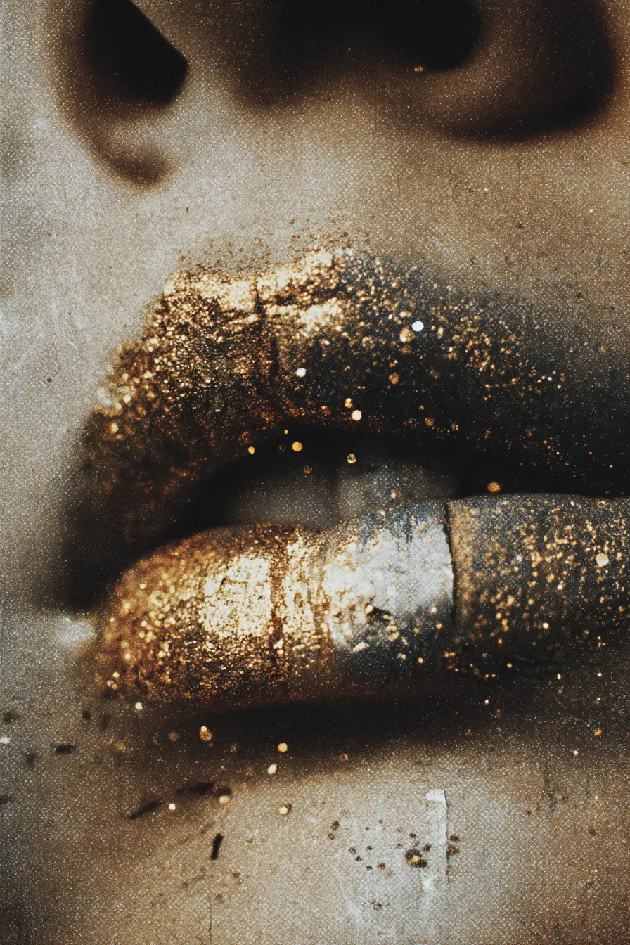 きらめくグリッターのキスをする超現実的な唇のクローズアップ