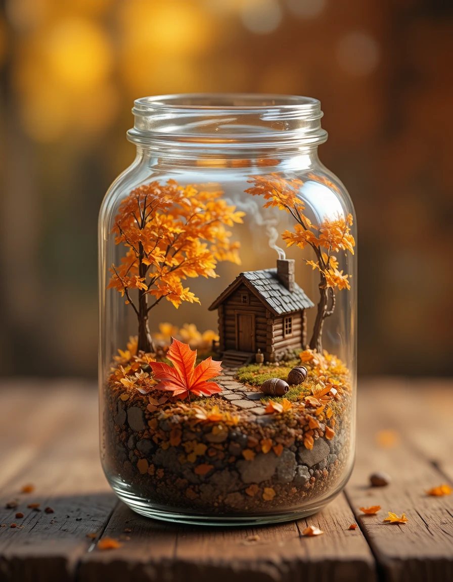 Paesaggio autunnale in miniatura che brilla dentro un barattolo di vetro