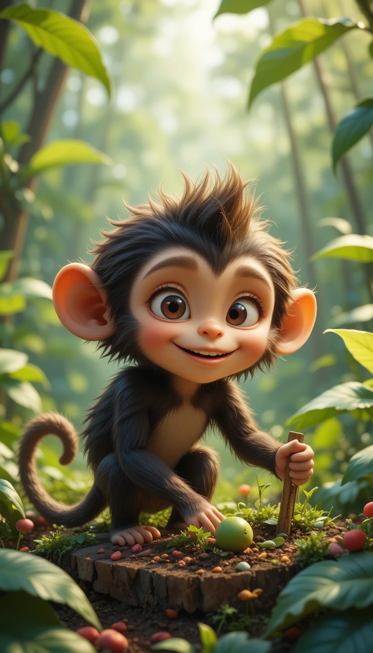 Mischievous Monkey Chiku Watching A Farmer In The Jungle