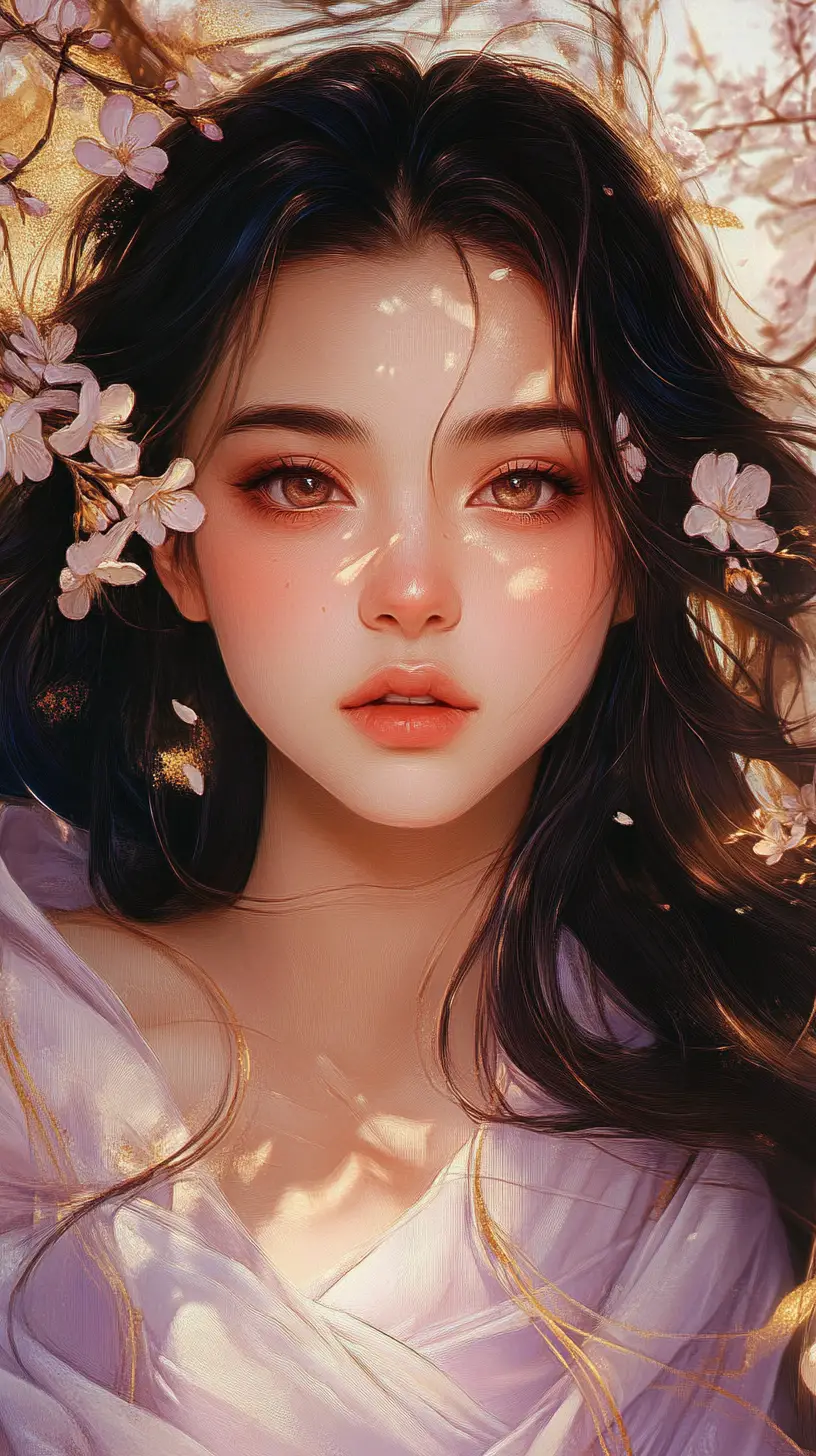 Ritratto di una ragazza dell'Asia orientale gioiosa con fiori di ciliegio