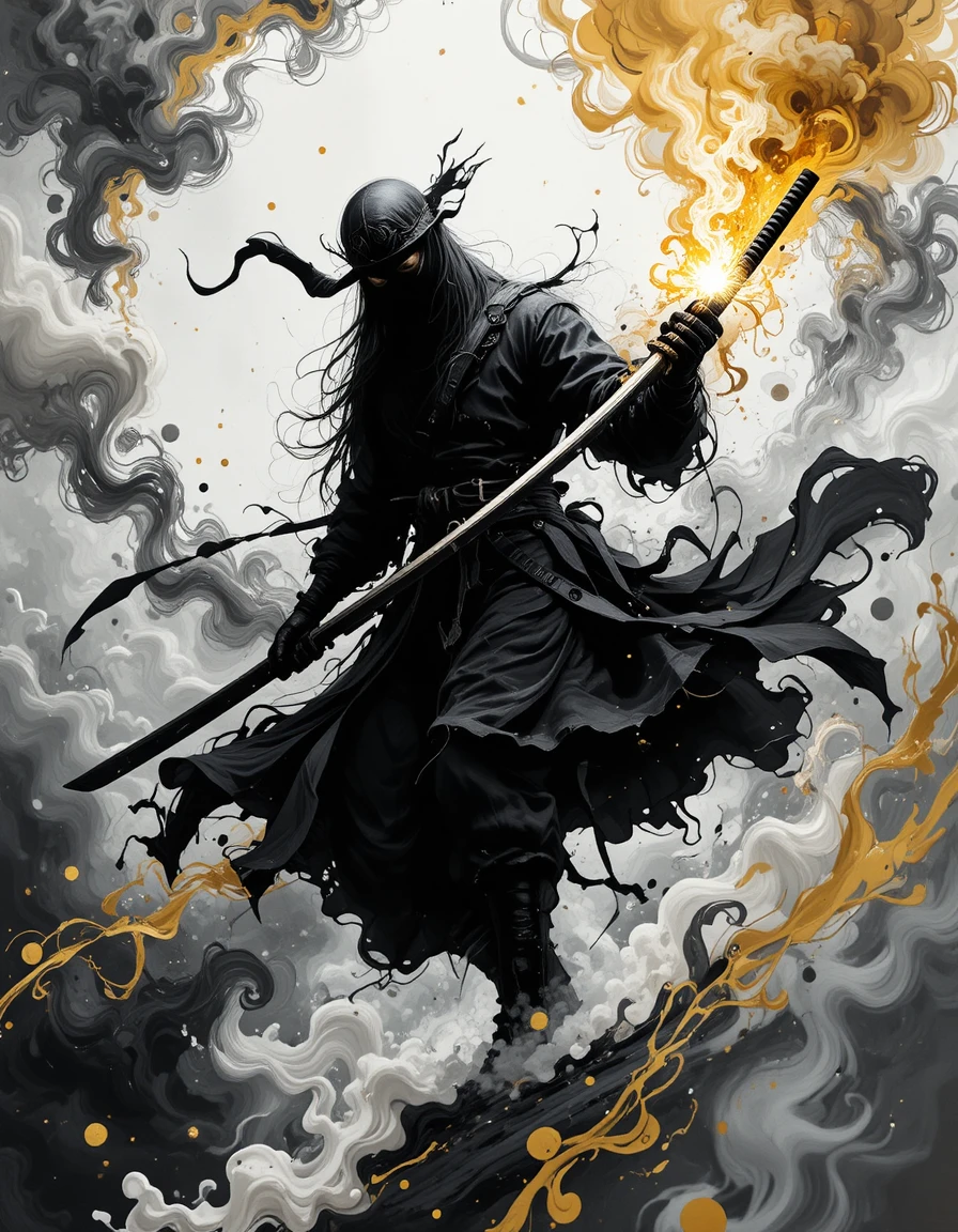 Ninja sliding through swirling fractal smoke with shining katana