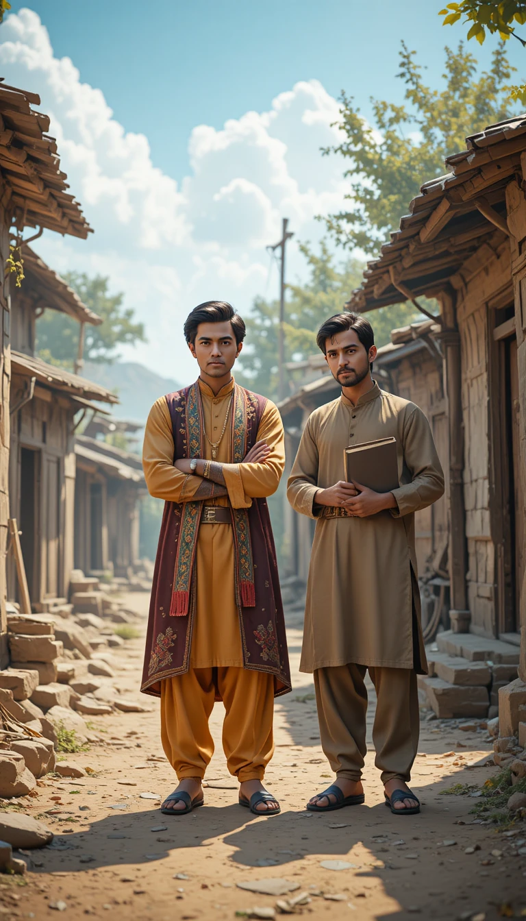 Zwei junge Männer in einer ländlichen Dorfszene in Pakistan