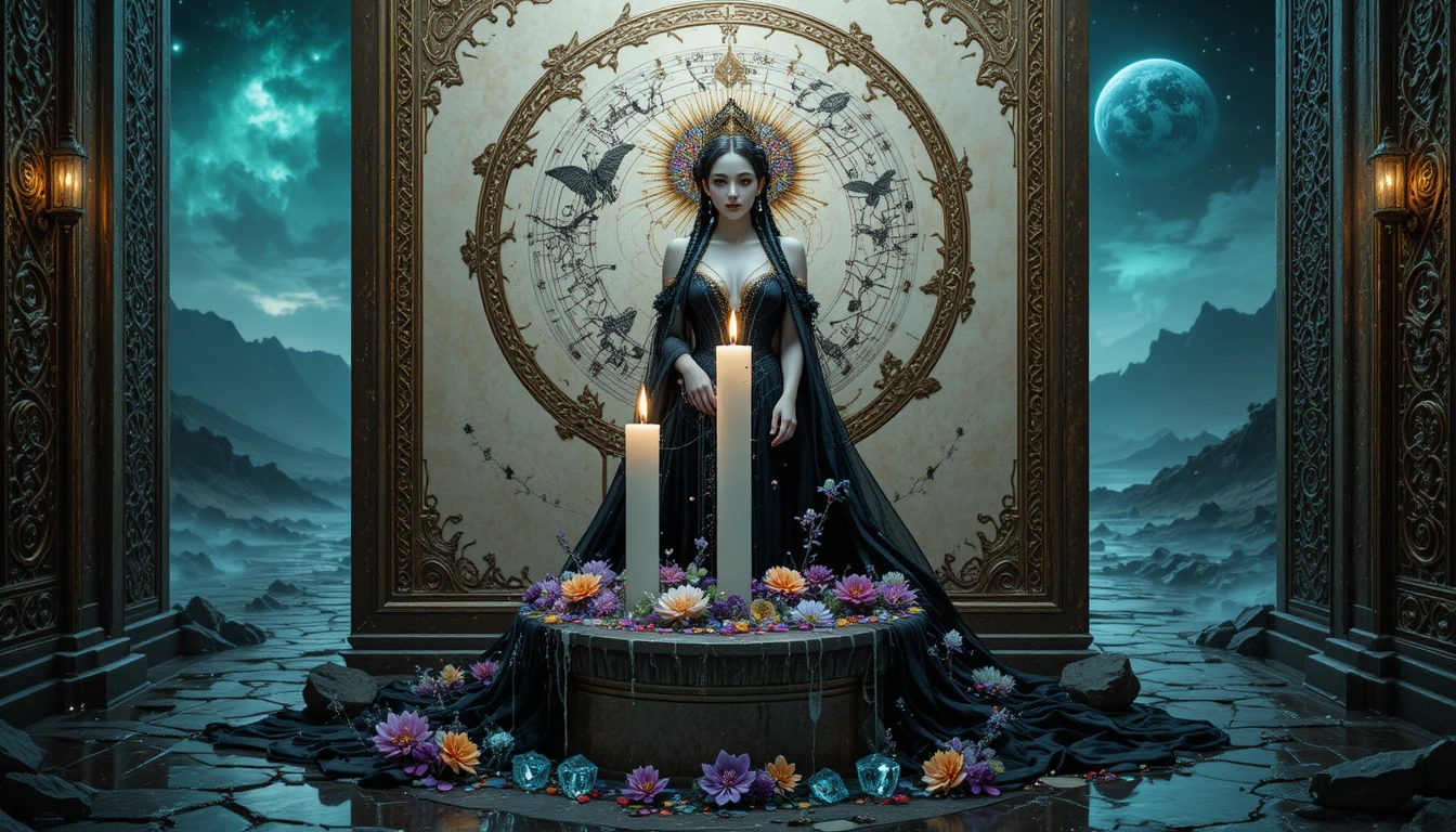 Retrato etéreo de diosa fantástica con joyas de zafiro brillantes