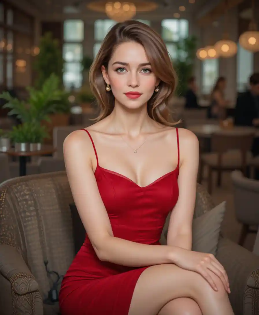Elegant blonde woman in red dress in modern lounge
