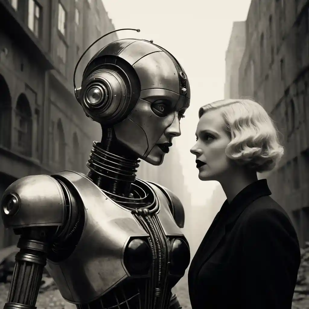 Steampunk robot debating with flapper woman in sepia shadows