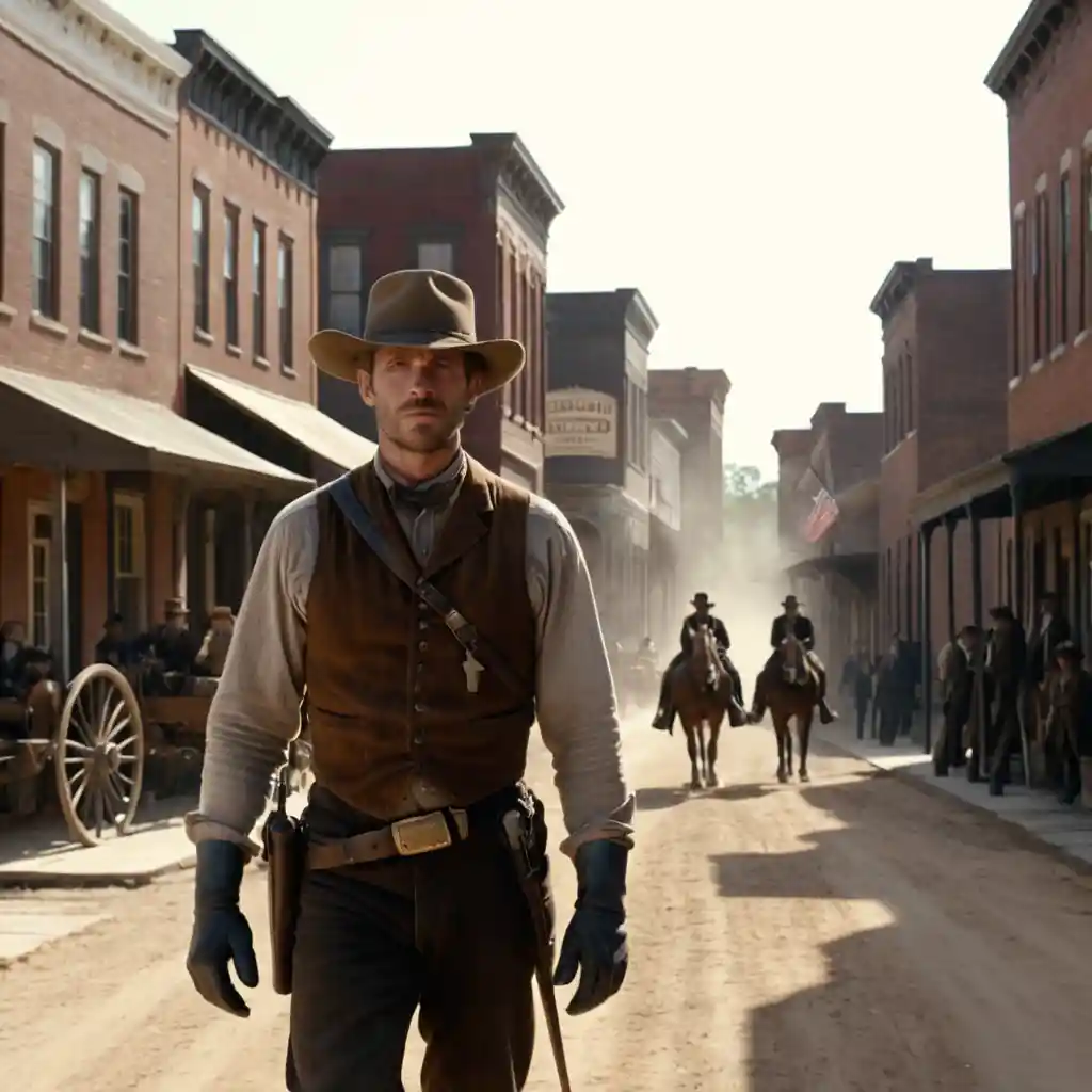 First person view of a sheriff on a dusty town street