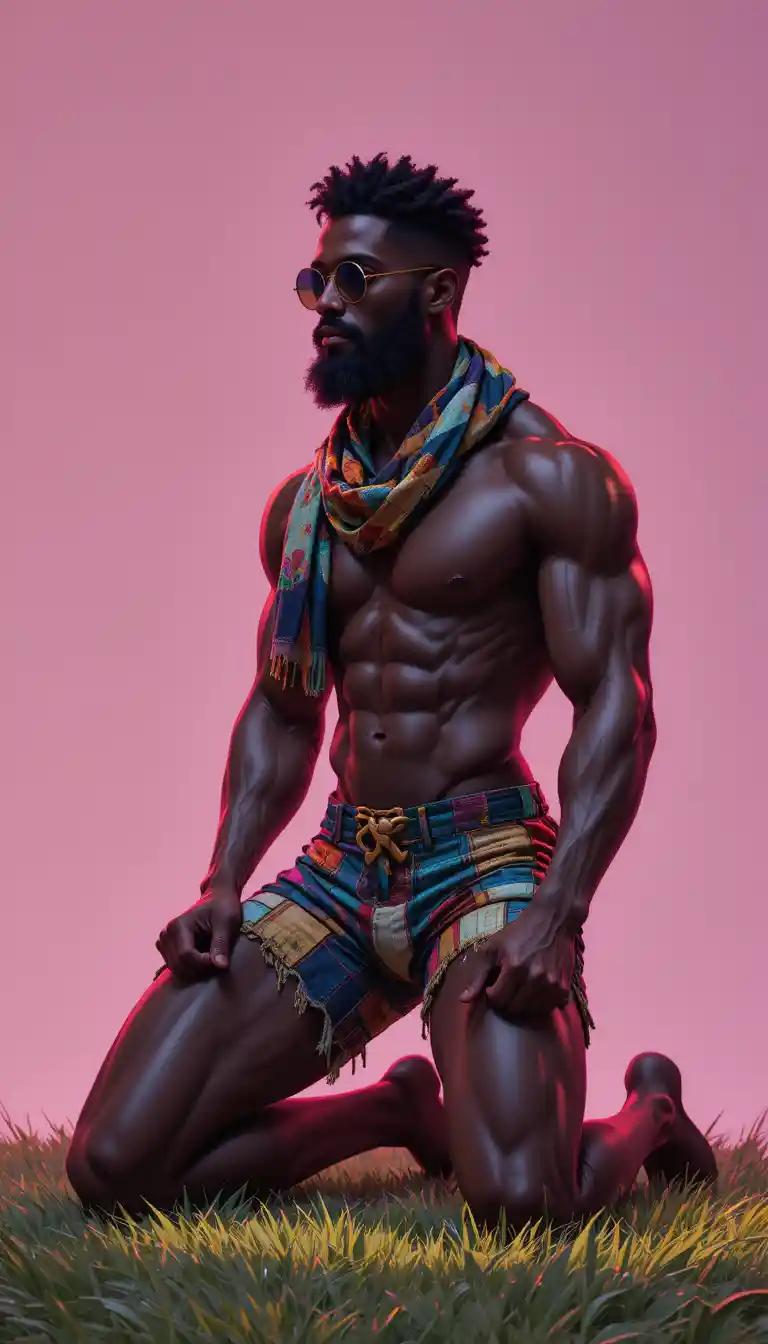 Muscular man kneeling on grass against pink gradient background