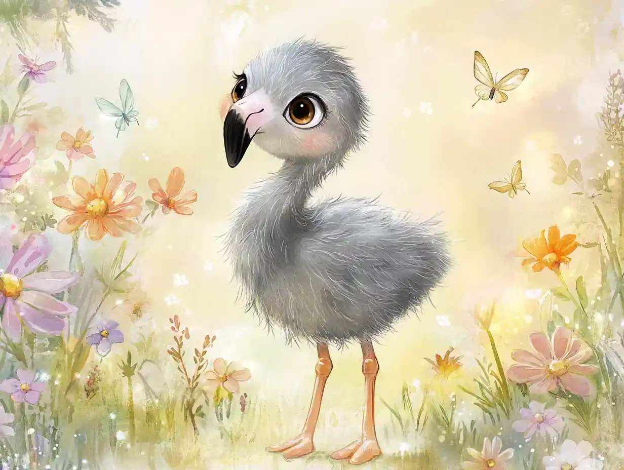 Watercolor baby flamingo in a dreamy flower meadow