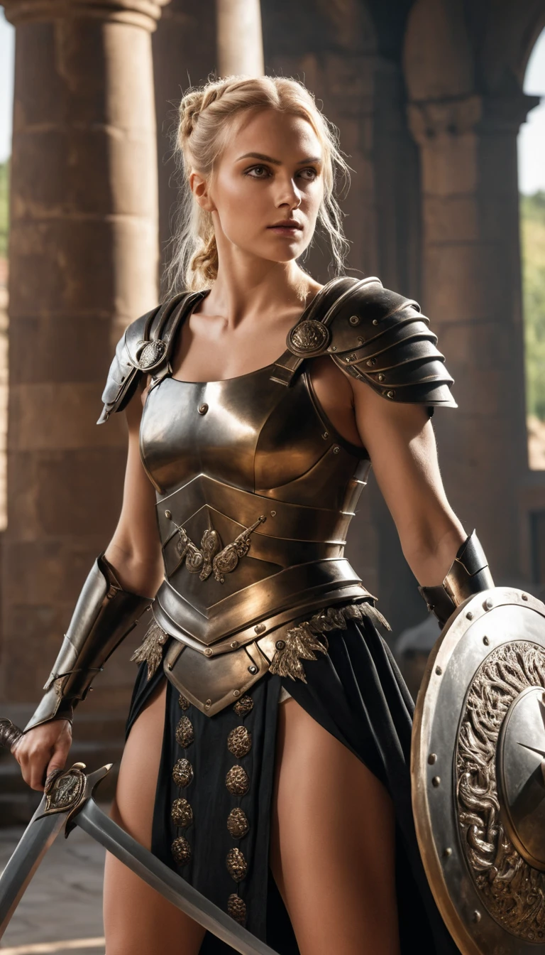 Zwei blonde Gladiatorinnen in Rüstung auf dem Römischen Forum