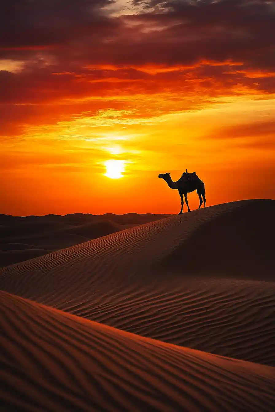 Sagoma di cammello su duna del deserto al tramonto infuocato