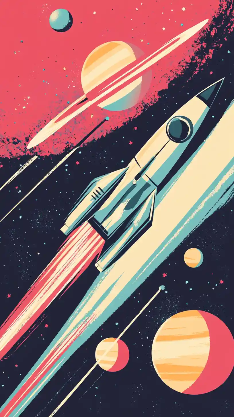 Retro-Raketen, die durch den farbenfrohen Pop-Art-Weltraum rasen
