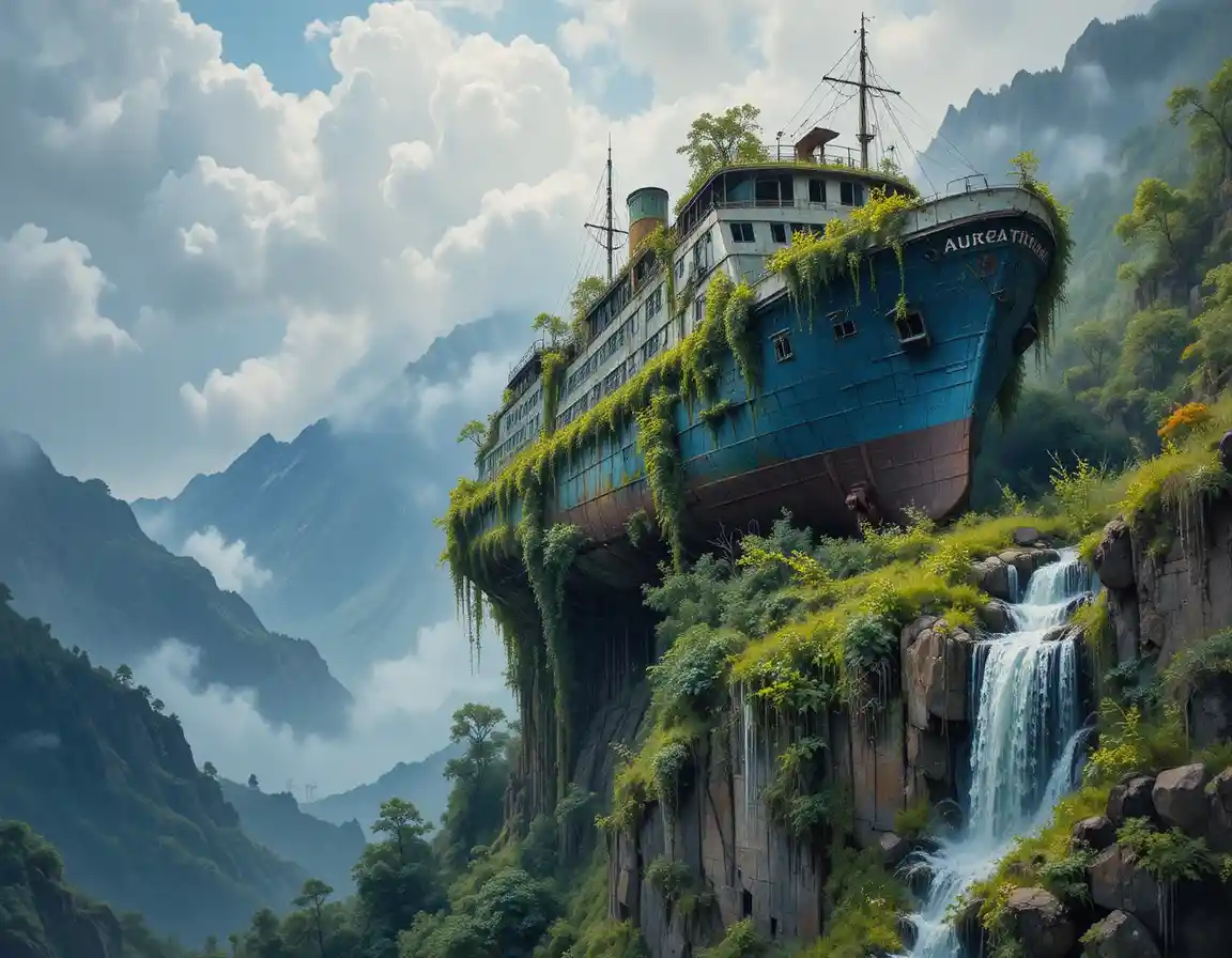 Abandoned cruise ship on a cliff over misty mountains