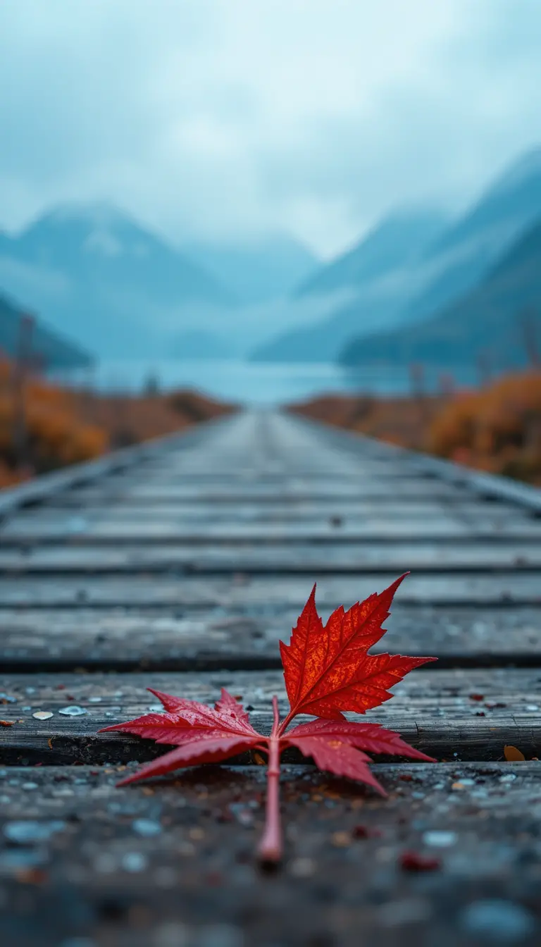 Feuille d’érable rouge sur une passerelle en bois en léger flou
