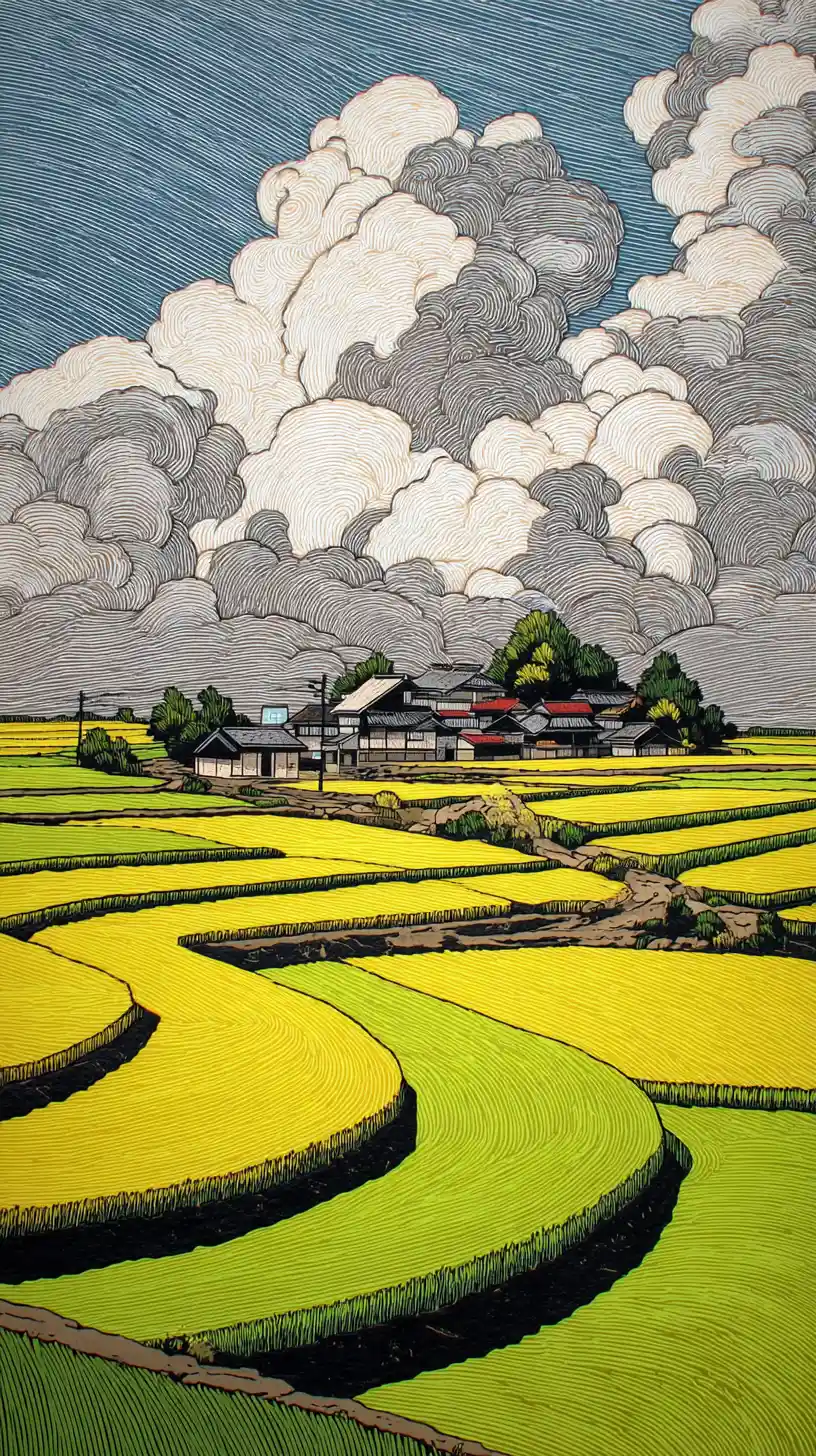Villaggio rurale in stile Ukiyo-e con paesaggio di campo di mais ondeggiante