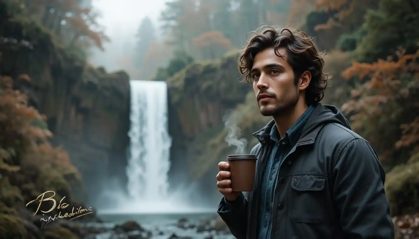 Hombre disfrutando de un café junto a una tranquila cascada japonesa