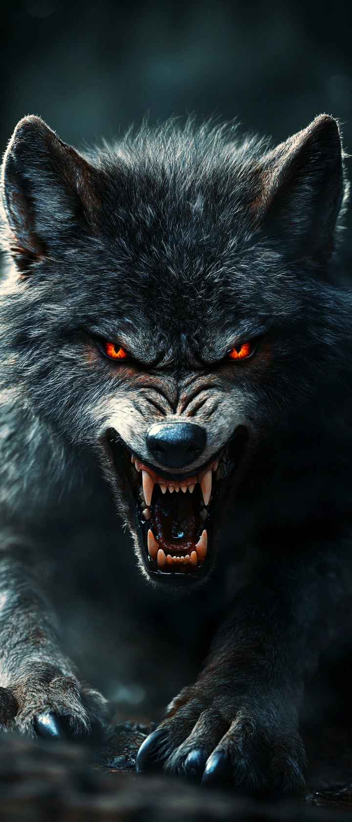Filhote de lobo prateado zangado encarando sob o brilho da lua